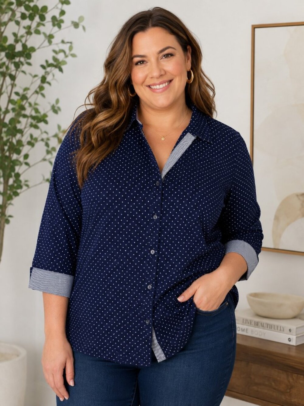 Lane Bryant Polka Dot Button Front 3/4 Sleeve Blouse Navy Blue White Plus 22